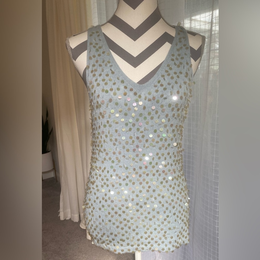 SAKS FIFTH AVENUE GRAY BLUE CASHMERE Sequin Tank Top